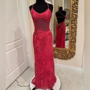 Elegant shocking fuchsia Attitudes by Debra‎ hand beaded Floral Women's Dress